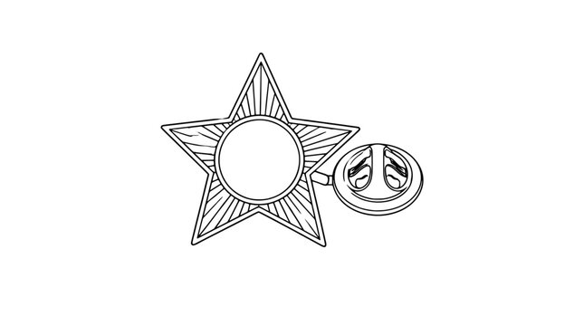 Line art illustration of a five pointed star lapel badge with engraved sunburst facets and a round pin clutch shown beside the star drawn with thin black lines in balanced centered formation