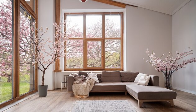 cozy modern spring interior of a bright studio living room with a sofa and cherry blossom branches in chalet with cherry blossom trees outside the window