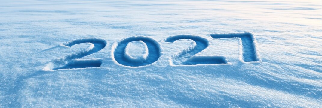 Numbers 2027 appear in blue shadow on a wide, white snowy field, seen from above in winter season.