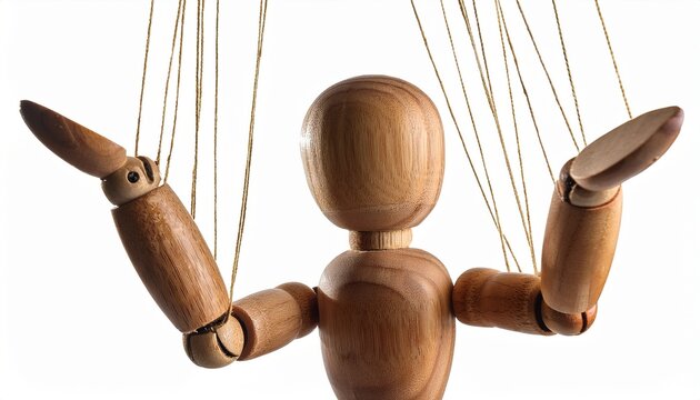 wooden marionette puppet with strings isolated on white background