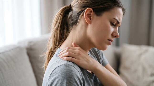 Shoulder pain and muscle tension in young woman, stressed female touching neck with physical injury, chronic back ache and orthopedic discomfort