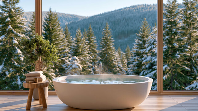 Modern freestanding bathtub with snowy forest mountain view in bathroom