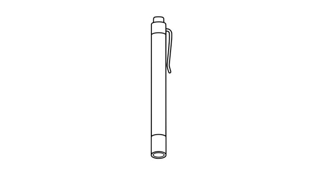 Black line art illustration of a cylindrical diagnostic penlight with push-button top, side pocket clip and rounded bottom lens ring oriented vertically in thin lines in centered minimal presentation