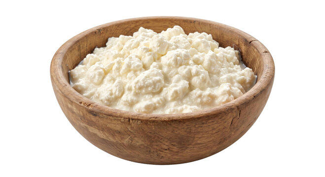 Fresh cottage cheese served in a rustic wooden bowl isolated on a clean white background