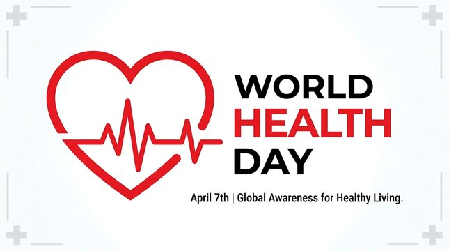 World Health Day banner with red heart and heartbeat line, global awareness for healthy living concept, medical healthcare background for April 7th