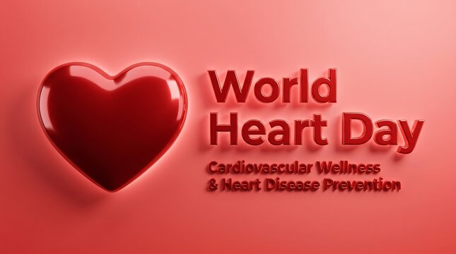 World Heart Day concept with glossy red heart, cardiovascular wellness and heart disease prevention text, 3D medical health awareness background