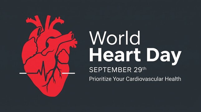 World Heart Day banner with anatomical heart illustration, cardiovascular health awareness poster, September 29th medical event graphic on dark background