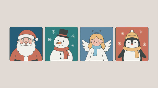 Christmas character portraits vector set with santa snowman angel and penguin in squares