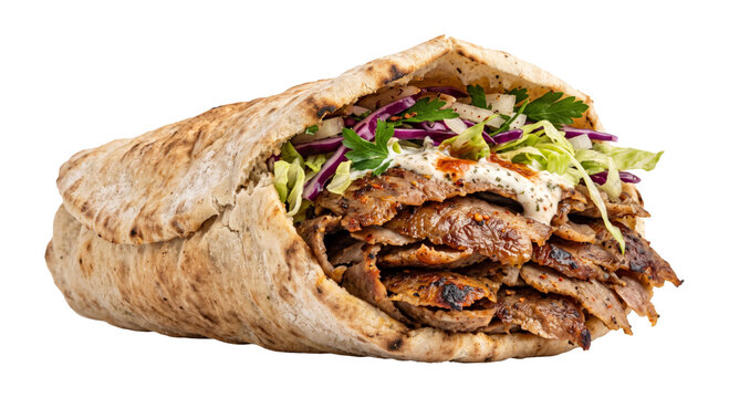 Delicious doner kebab sandwich in toasted pita bread with fresh vegetables and creamy sauce