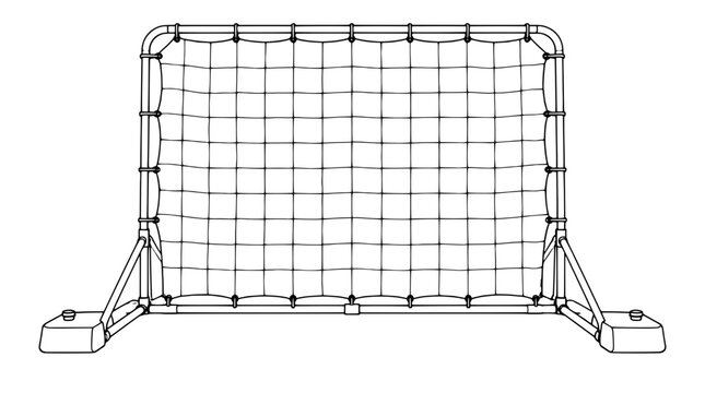 Black outline vector icon of a freestanding soccer rebounder frame with grid net posts diagonal supports and weighted base blocks drawn with thin lines in frontal view conveying practice stability