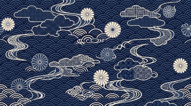 Traditional japanese chrysanthemum and cloud pattern on dark blue fabric