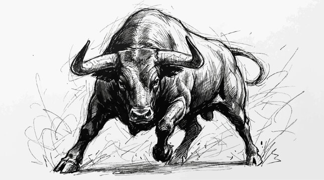 Detailed hand-drawn ink illustration of a powerful charging bull with charging illustration strength aggressive wildlife
