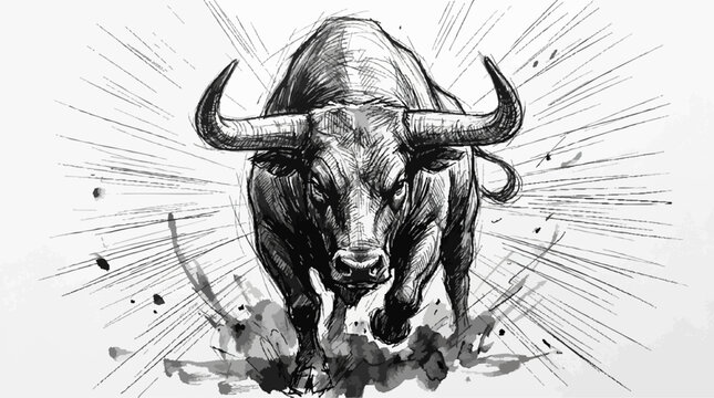 Dynamic black and white ink sketch of an aggressive charging bull with charging illustration aggressive strength wildlife