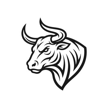 Stylized black and white vector icon of an aggressive bull head with aggressive strength business branding monochrome