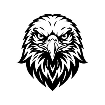 Front view of an angry eagle head mascot illustration with predator silhouette illustration strength heraldic minimalist