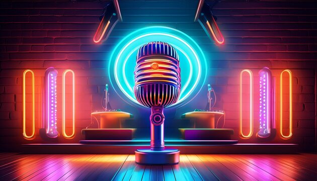vibrant neon stand up comedy sign illuminates a stage with a retro microphone