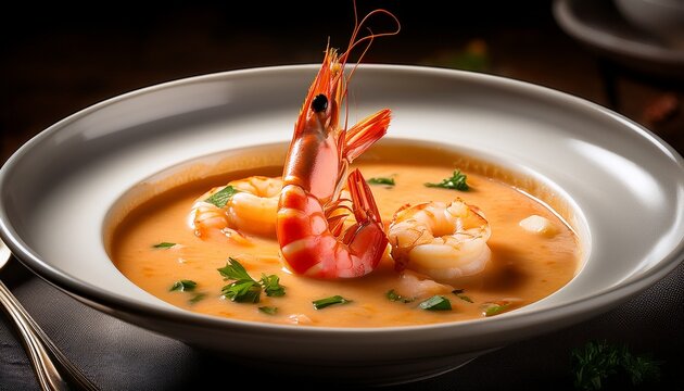 a dramatic macro shot of seafood bisque with a single shrimp peeking out