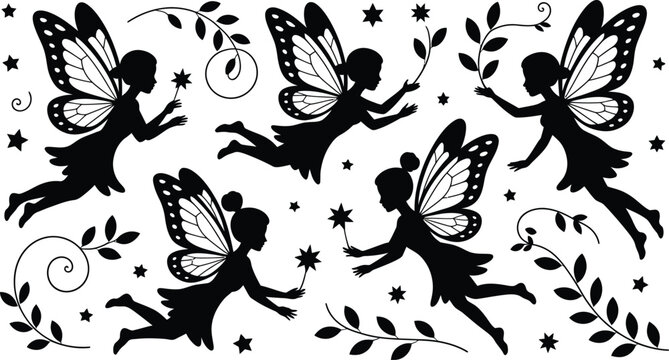 A set of black silhouettes of magical fairies with butterfly wings flying and holding wands surrounded by stars and decorative floral swirls on white background