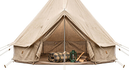 A beige canvas bell tent set up for camping with a rolled blanket, lantern, and firewood inside © Ophelia