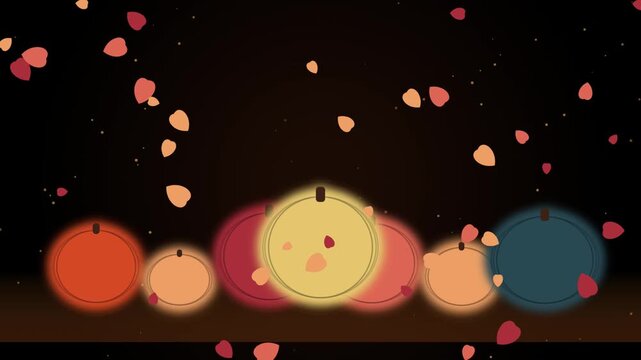 Abstract circular shapes glowing under falling autumn leaves in cinematic motion background.