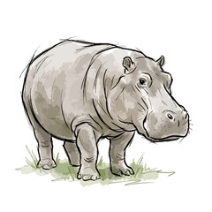 Fototapeta premium Hand drawn illustration of a hippopotamus standing on grass with hippopotamus wildlife illustration artistic standing