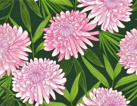 seamless floral pattern with pink chrysanthemum flowers and green bamboo leaves