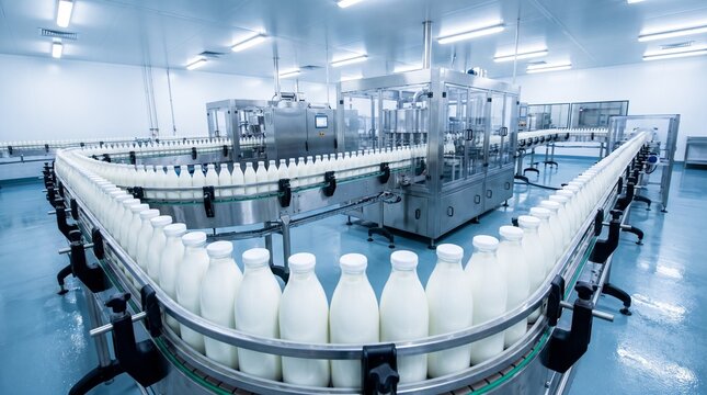 Moderne Milchabf&uuml;llanlage mit Flaschen auf F&ouml;rderband in automatisierter Molkerei und Lebensmittelproduktion.
