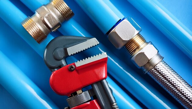 red pipe cutting tool on a blue pex pipe next to a metal plumbing fitting