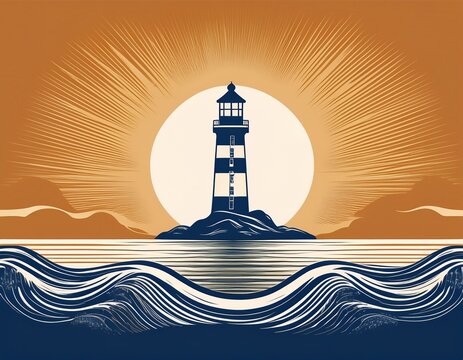 vintage lighthouse logo on ocean waves minimalist maritime beacon emblem
