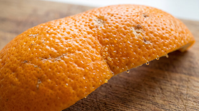 Macro view of citrus orange peel releasing aromatic essential oil drops on wooden surface. Concept of oil glands, zest.