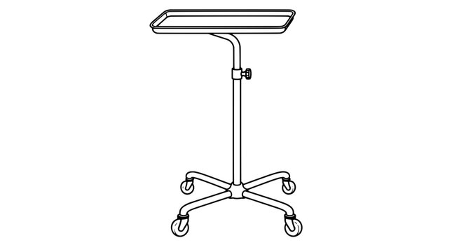 Black outline vector icon of a mayo instrument stand with rectangular tray, angled post with locking knob and four-legged base with casters drawn in thin lines in centered vertical arrangement