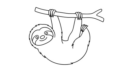 Fototapeta premium Cute line art illustration of a smiling sloth hanging beneath a forked branch with arms and curved claws plus masked eyes drawn with thin black lines in playful composition radiating gentle joy
