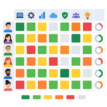 Workforce skills matrix dashboard showing employees by role and proficiency levels using colored grid cells progress rings and competency indicators for training planning and gap analysis