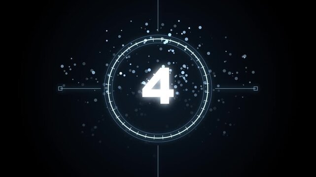 Countdown 8-1 motion graphic in a circle with particle animation on a dark technology background.