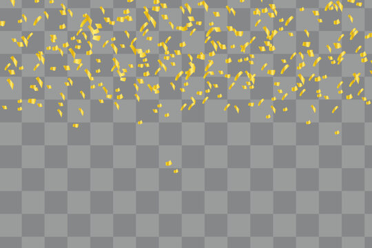 Golden confetti tinsel falling on transparent background for party celebration overlay