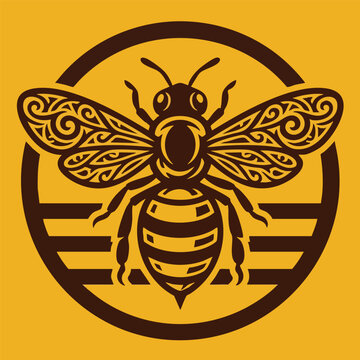 Tribal bee graphic illustration with ornamental wings inside a circle ornament detailed silhouette background illustration
