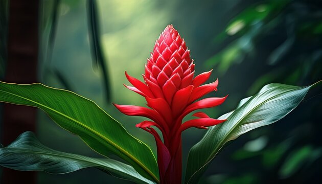 flower of ai red ginger plant bud in the jungle crimson green colors mysterious atmosphere photorealistic