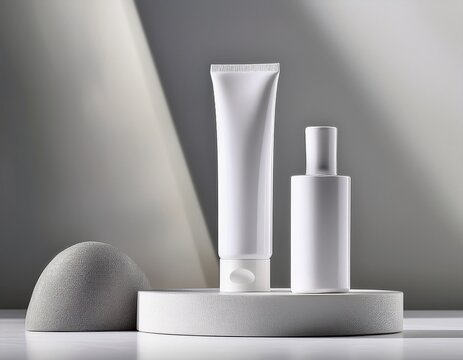 white cosmetic packaging mockup on minimalist podium background