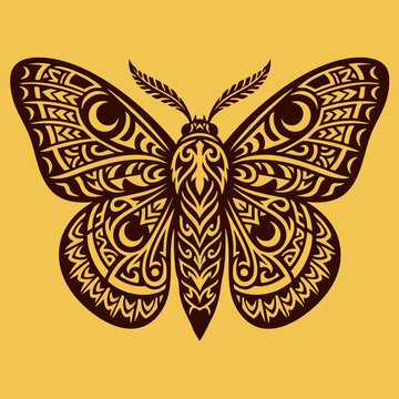 Intricate butterfly illustration with elaborate tribal tattoo patterns in dark brown butterfly ornament detailed filigree
