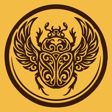 Stylized circular tribal scarab beetle graphic in dark brown on a yellow background with ornament illustration mystical