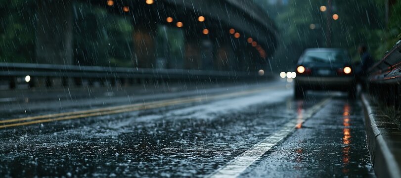 Stationary car on highway in heavy rain with motorist safely behind barrier