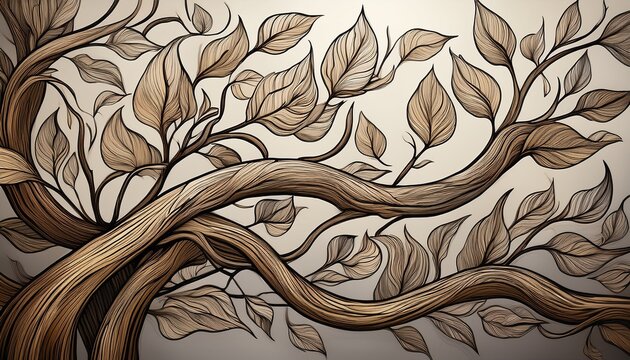 nature line art of twisted wood branches with leaves