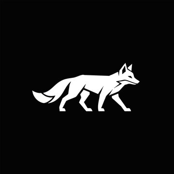 Minimalist white silhouette of a walking fox isolated on black background with wildlife silhouette predator minimalist