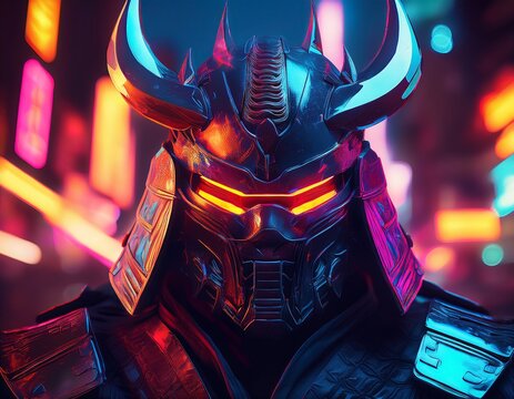 epic neon samurai mask digital realm 3d artwork futuristic cityscape close up glitchy holographic flames