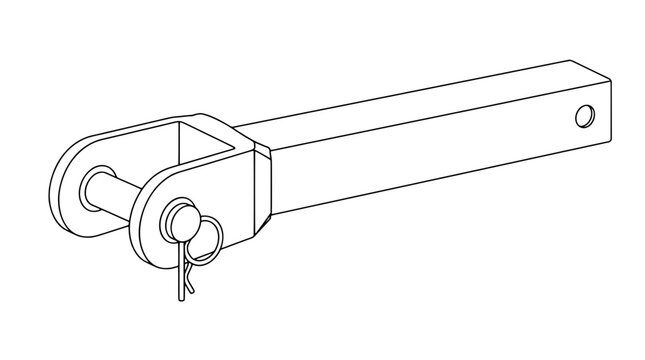 Line art illustration of a square hitch extender with clevis fork plus cross pin secured by cotter ring drawn with thin lines in diagonal composition highlighting rear mounting hole aspect