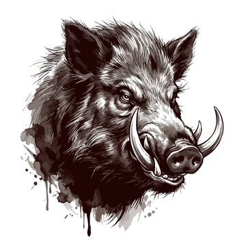 Hand drawn watercolor style illustration of a wild boar head with portrait watercolor illustration aggressive dangerous