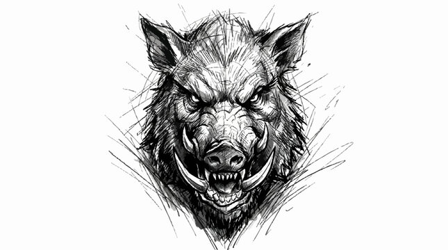 Stylized sketch of a fierce wild boar head with sharp tusks aggressive monochrome illustration predator wildlife portrait