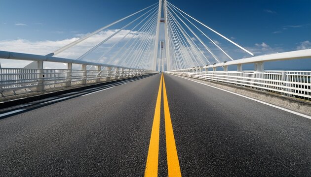 a wide road bridge with white guardrails and yellow traffic lines on the sides