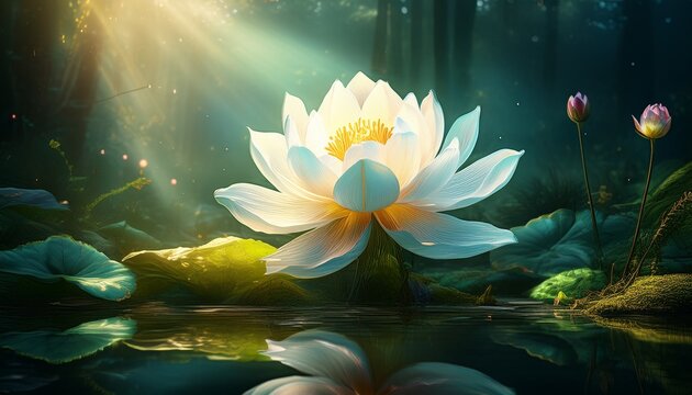 flower of ai white glowing lotus flower shines in a deep green forest pond rays of sunlight photorealistic