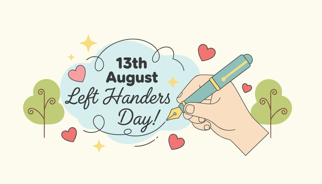 Left handers day greeting card shows a hand writing with a fountain pen surrounded by hearts and trees on a warm cream backdrop.